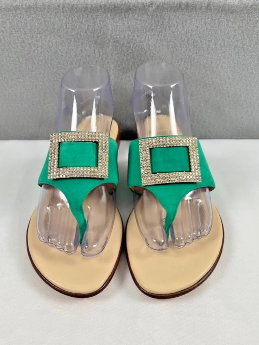 il Sandalo of Capri Green Suede Crystal Embellished Buckle Thong Sandal EU38 NEW
